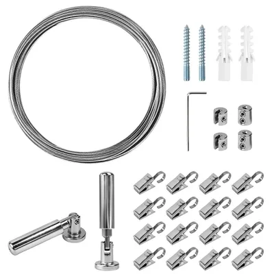 Gardinenkabel-Set 5 m mit 24 Clips, Edelstahl, Wandmontage