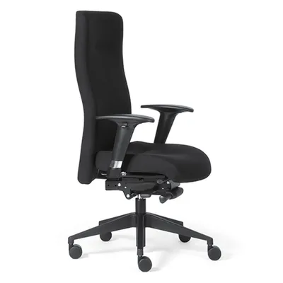 A black office chair from a side-angle.