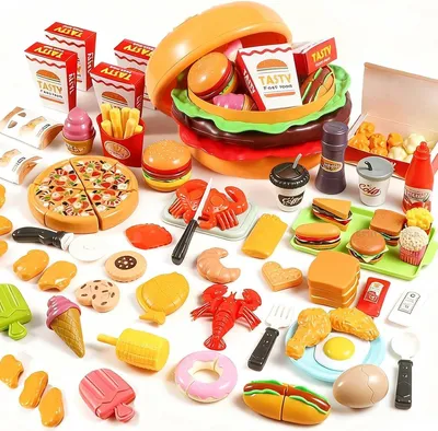Produktbild von Minicee Spielküche Zubehör 76 Teile Burger Pizza Schneideset