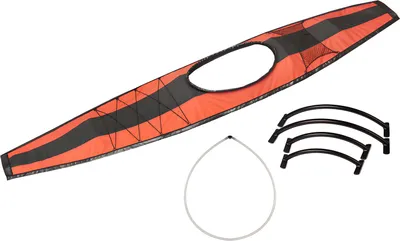 A disassembled inflatable kayak spray skirt and its support structure are laid out on a white background.