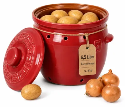 Produktbild von KERAZO 6,5 Liter Kartoffeltopf aus Steingut Keramik mit Deckel, Zwiebeltopf Vorratstopf Gemüsetopf, rot