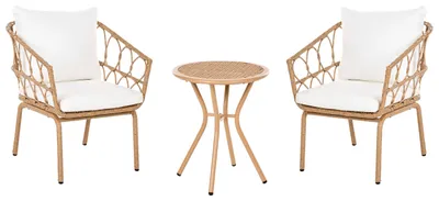 Produktbild von BELIANI Balkon Set Hellbraun Polyrattan mit Cremeweißen Auflagen 2-Sitzer Gartensessel mit Tisch Bistro Set Loungemöbel Gartenmöbel