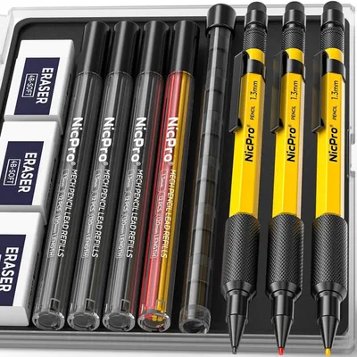 Image de Crayons à papier de 1,3 mm, coffret de 36 crayons avec 36 mines de rechange et 3 gommes, résistants aux intempéries, corps en métal, pour une utilisation en extérieur et pour le travail du bois, avec étui