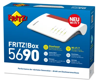 Produktbild von Box 5690, Wi-Fi 7 (802.11be), Dual-Band (2,4 GHz/5 GHz), Ethernet/LAN, Rot, Weiß, Tabletop-Router