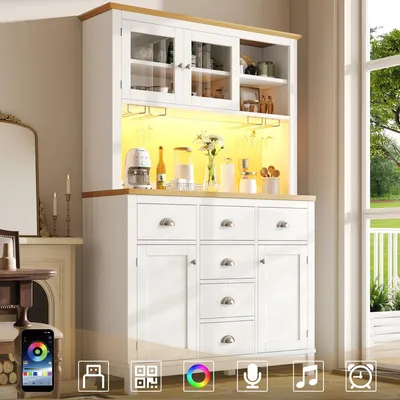 Produktbild von Moderner Buffetschrank 104x40x180cm im Landhausstil mit LED Lichtleiste und Getränkehaltern Küchenschrank mit 4 Türen Weiß
