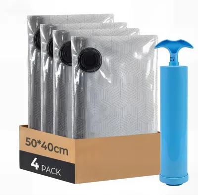 Immagine prodotto di Sacchetti sottovuoto per abbigliamento, set da 4, 50x40 cm, con pompa manuale, per risparmiare spazio
