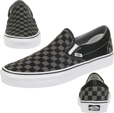 A collage of three views of a pair of Vans checkerboard slip-on shoes.