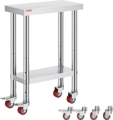 A stainless steel work table with wheels and an additional shelf, shown from a slightly angled front view. Several caster wheels are displayed separately at the bottom right.