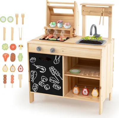Produktbild von DREAMADE Kinderküche, Holz Grillspiel-Set, Rollenspiel mit schwarzer Tafel, Grillwerkzeugen und Gewürzflaschen, ab 3 Jahren, 69 x 40 x 90 cm