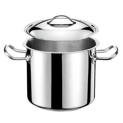 A stainless steel pot with a lid.