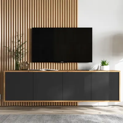 Produktbild von TV-Wandschrank Fernsehschrank TV-Schrank Apollo 2 Viertürig Modern Lindner Möbel Loft Style 150cm x 39cm x 35cm Farbe: Wotan Eiche matt - schwarz matt