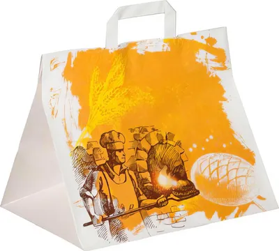 Produktbild von 250x Papiertragetaschen aus Kraftpapier Motiv Steinofen mit Flachhenkeln 320+220x270mm 80g weiß
