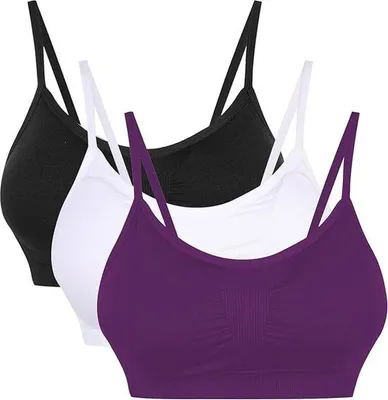 Imagen del producto de Conjunto de sujetadores deportivos para mujer Unyqoos® – top de yoga elástico y ceñido, efecto push-up, disponible en packs de 2 o 3 unidades, con aros extraíbles, sin aros, tirantes finos ajustables, en colores , blanco y morado oscuro, talla XL