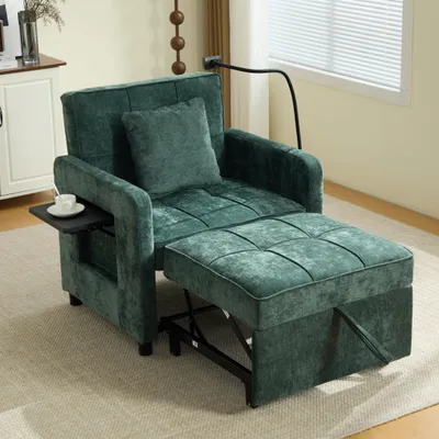 Produktbild von STILVORA Zwei-in-eins-Schlafsessel Einzelschlafsofa mit 5-fach verstellbarer Rückenlehne (105°–180°), Schlafsessel mit Chenille-Bezug, Kissen, Seitentaschen und integriertem Tischchen, Liegesessel wandelbares Funktionssofa für Wohnzimmer,Grün