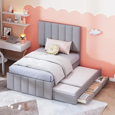 Productafbeelding van Boxspringbed 90x200 cm met rollende bodem en 3 lades, linnen bekleding, verstelbaar hoofdeinde, kinderbed/tienerbed, grijs