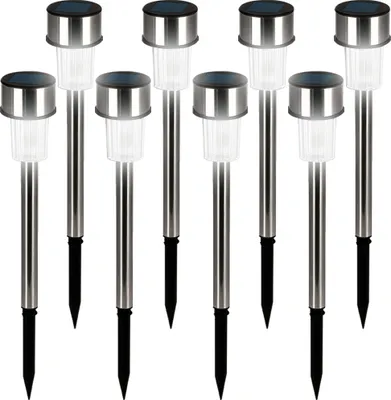 Produktbild von DEUBA® Solarlampe für Außen 8er Set LED Wetterfest IP44 Dämmerungssensor Erdspieß Edelstahl Weiß Solar Garten Leuchte Außenleuchte Balkon Deko