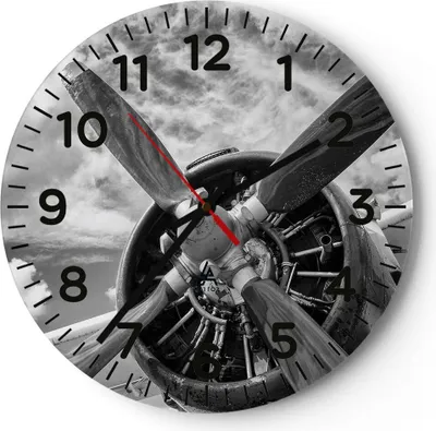 Produktbild von Wanduhr - Rund - Glasuhr - Motor Schwarzweiß Propeller - 30x30cm - Schleichendes Uhrwerk - Lautlos - zum Aufhängen bereit - Dekoration Modern - Wanddekoration aus Glas - C4AR30x30-4289