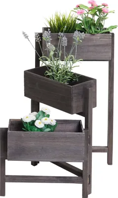 Produktbild von Pflanzregal T275, Standregal Blumenständer Pflanzkasten, 65x108x15cm, Holz Shabby-Look Vintage  grau-braun