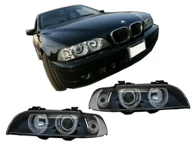 Imagen del producto de Faros delanteros "Angel Eyes" para BMW Serie 5 E39 (modelo 1996-2003, versión restyling), color  con detalles cromados.