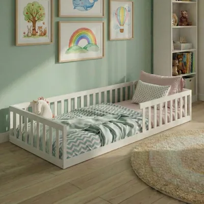Produktbild von Kinderbett Bodenbett 90x200 cm mit Rausfallschutz & Lattenrost Montessori Bett Bed Gitterbett Kinder Jugendbett Einzelbett | weiß weitere Größen | 120x200 | 140x200 cm