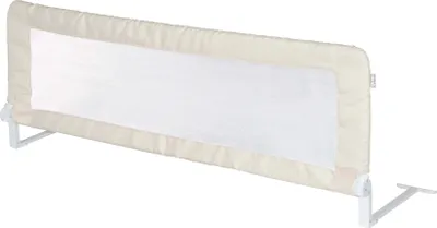 A beige and white bed rail guard is shown against a white background.
