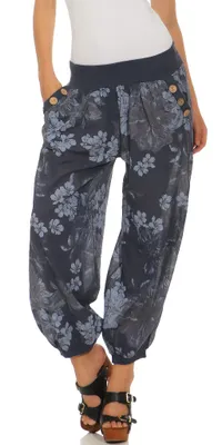 Produktbild von 277 Mississhop Damen leichte Blumenprint Hose Sommerhose Haremshose Ballonhose Blumen Pumphose Aladinhose Sommer baggy pants Dunkelblau