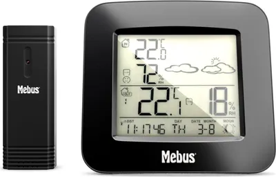 Produktbild von Mebus Funk-Wetterstation mit Außensensor Thermometer Hygrometer Wettervorhersage Mondphasen Wettertrend, Alarm mit Weckwiederholung, Kalender, Material: Kunststoff, Farbe: Schwarz, Modell: 40715