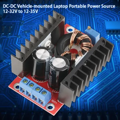 A close-up view of a DC-DC power converter module with a blue circuit board background.