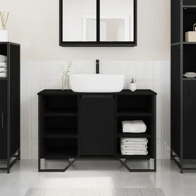 Produktbild von Waschbecken Schrank Schwarz Eiche 91x35x60 cm Holzwerkstoff, Badezimmerschränke DesignMöbel Neu