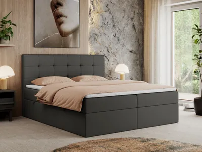 Produktbild von MKS MEBLE Boxspringbett 200x200 mit Bettkasten und Matratze H3, Polsterbett 200x200 mit Bettkasten, Bett 200x200 mit Stauraum und Topper - Centos - Dunkelgrau Kunstleder
