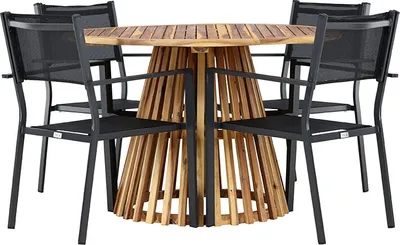 Zdjęcie produktu dla Lumpur zestaw ogrodowy stół Ø120cm naturalny, 4 krzesła czarne.