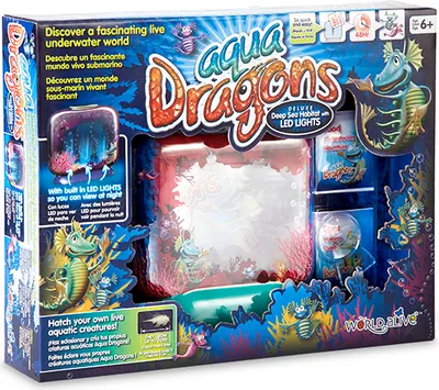 The image shows the retail packaging for an Aqua Dragons toy set, featuring colorful illustrations of the aquatic creatures and their habitat.