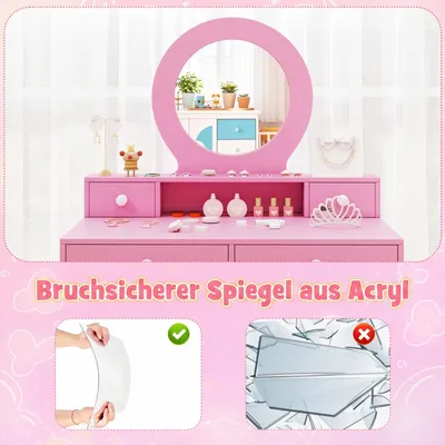 Produktbild von COSTWAY 2 in 1 Kinder Schminktisch Set, Kinderschminktisch mit Hocker, Spiegel, Regal & 4 Schubladen, Frisiertisch, Kosmetiktisch für Kinder ab 3+