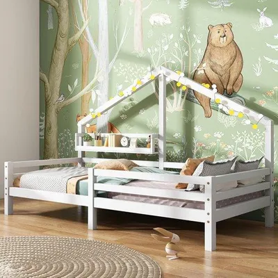 Productafbeelding van Huisbed Grenenhout - Houten Bed Kinderbed - Slapen Organiseren - Met Opbergvakken - 90 x 200 cm - Wit