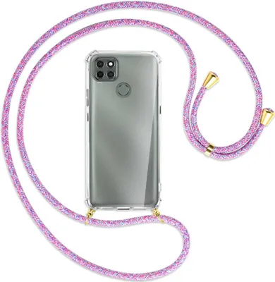 Produktbild von Handykette Backcover-Schutzhülle mit Band (Metall goldfarben) für Motorola Moto G9 Power - lila/rosa/blau