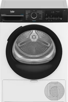 Produktbild von Beko BM3T49249W, Freistehend, Frontlader, Wärmepumpe, Schwarz, Weiß, Tasten, Drehregler, Schwarz, Transparent