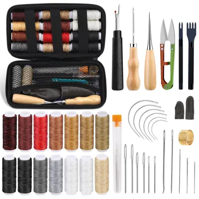 Immagine prodotto di Kit per cucire la pelle, 42 pezzi, con 14 colori di filo cerato, ago da cucito, punteruolo, aghi da cucito e custodia