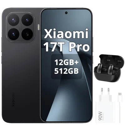 Immagine prodotto di Xiaomi 17T Pro 5G 12+512GB, colore nero, smartphone Android 16, con caricabatterie Xiaomi da 90W (connettore Type-A) e cuffie