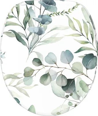 A close-up view of a toilet seat with a watercolor eucalyptus leaf pattern.
