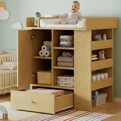 Image de Table à langer avec tiroirs, nombreux rangements, porte-serviettes, surface à langer avec séparateurs – pour la chambre de bébé, design en bois naturel