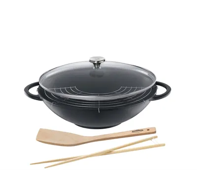 Produktbild von Küchenprofi Wok-Set mit Glasdeckel, inkl. Zubehör PROVENCE, Rund, Schwarz, 250 °C, Eisenguss, Glas, Keramik, Gas, Halogen, Induktion, Versiegelte Platte