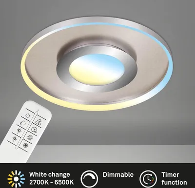 A ceiling light fixture with a remote control and feature icons displayed below.