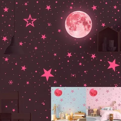 Immagine prodotto di Unyqoos® Adesivi luminosi a forma di cielo stellato – adesivi murali autoadesivi per camerette, 435 pezzi (luna di 200 mm, 407 punti: 36×15/126×9/245×5 mm, 27 stelle)