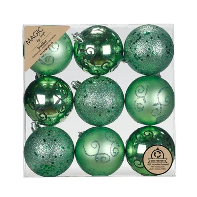Produktbild von Weihnachtskugeln Kunststoff 6cm mit Glitzer 9er Set - Paradise Green