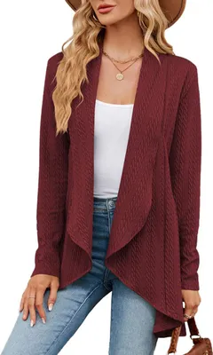 Produktbild von ASKSA Damen Strickjacke Langarm Einfarbige Cardigan Gestrickt Strickmantel High Low Saum Jacke Casual Top, Rotwein, XL
