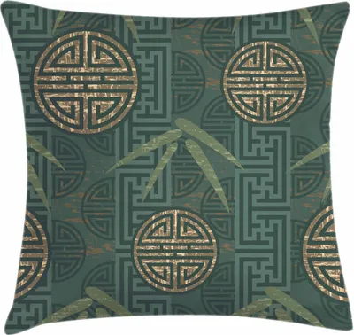 Produktbild von ABAKUHAUS Bambus Kissenbezug, Authentisch Asiatische Fernost Elemente Bambus Blätter, 45 x 45 cm, Teal Ivory Tan