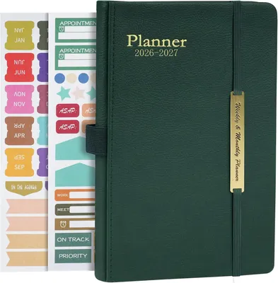 Immagine prodotto di Quaderno A5, pianificatore settimanale 2026-2027, a righe, verde, con adesivi per il calendario, ideale per scuola e ufficio