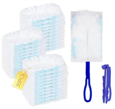 Image de Kit de recharges pour plumeau Staubwedel, comprenant 30 lingettes + 2 manches, en microfibre, avec effet aimant pour la poussière, lingettes jetables pour l'élimination de la poussière