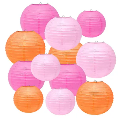 12 Papierlaternen rosa/orange, 15/20/25 cm, rund, für Feste