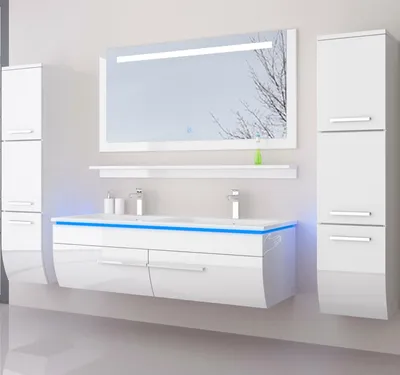 Produktbild von Doppelwaschtisch 120 Weiß Hochglanz 120 Doppelwaschbecken Badmöbel Set Bad Led System Fertig Montiert Lackiert